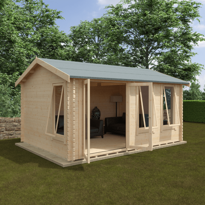 Wooden cabin with an open front door on a grassy area with trees in the background
