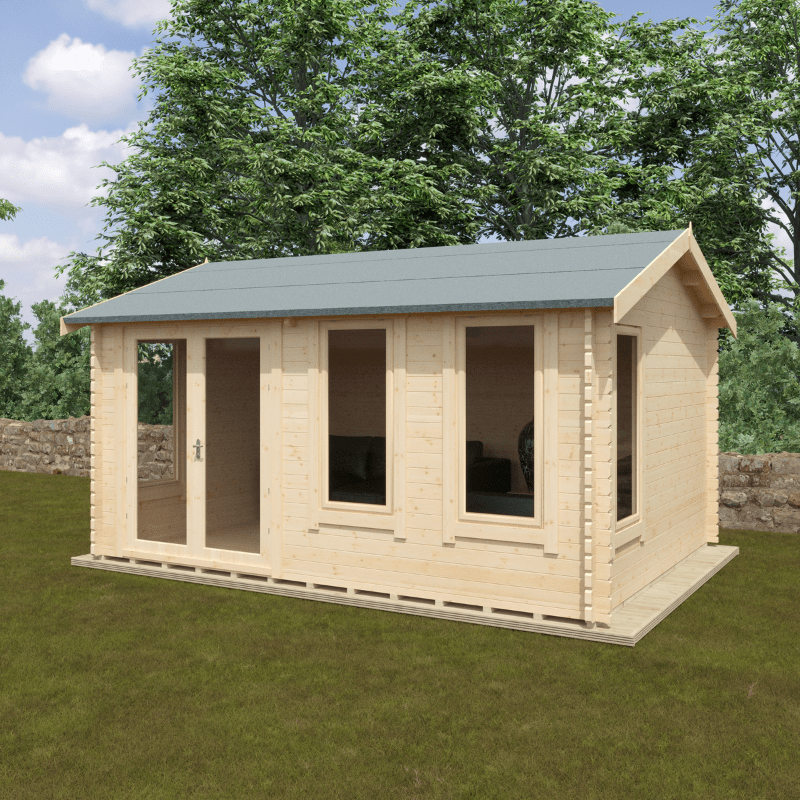 Wooden cabin with glass windows on a grassy area with trees in the background