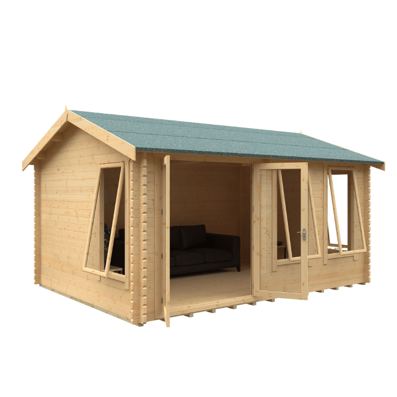 Wooden cabin with a green roof on a white background