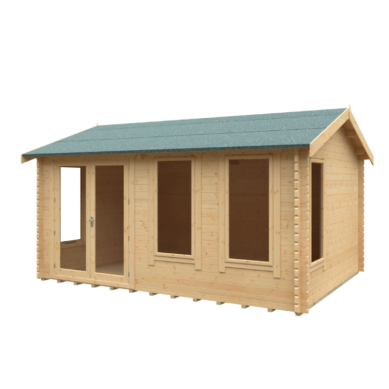 Wooden cabin with a green roof on a white background