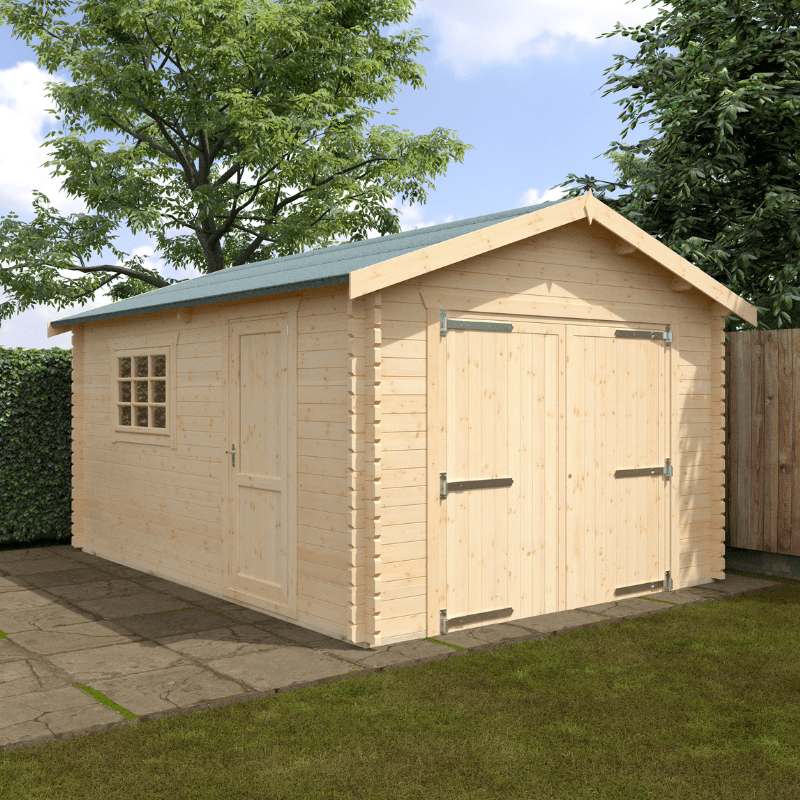Wooden shed with a green roof in a garden setting