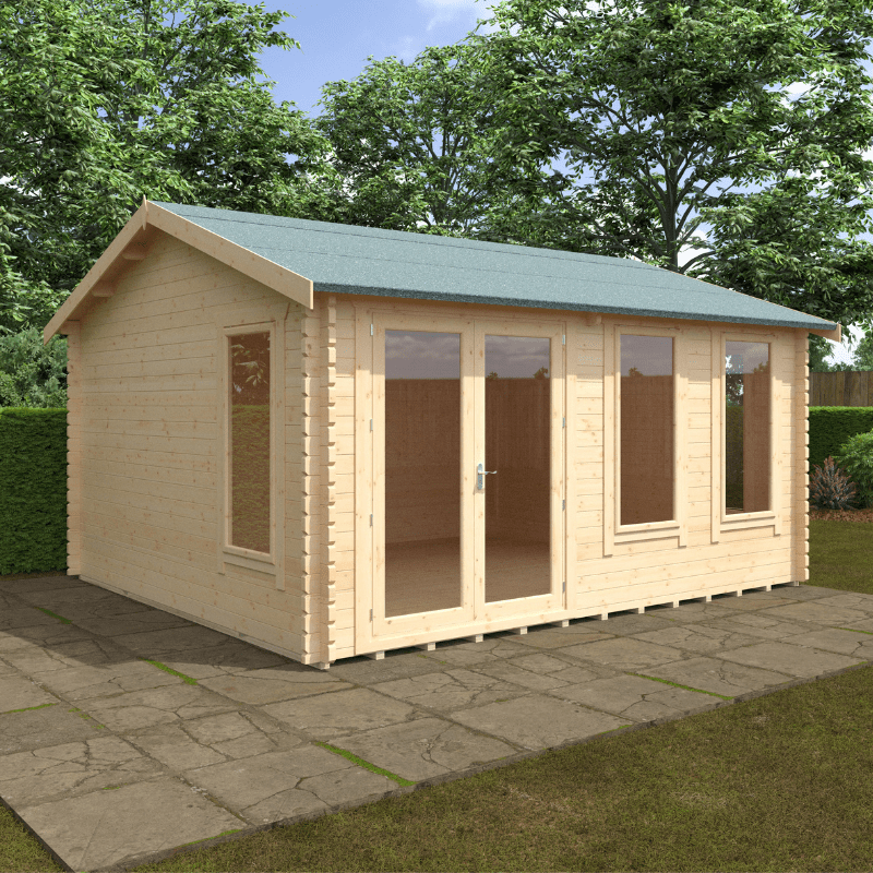 Wooden garden shed with a green roof on a stone patio with trees in the background