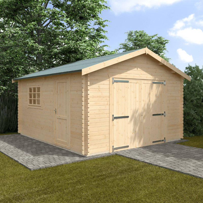 Wooden garage with double doors on a grassy area with trees in the background