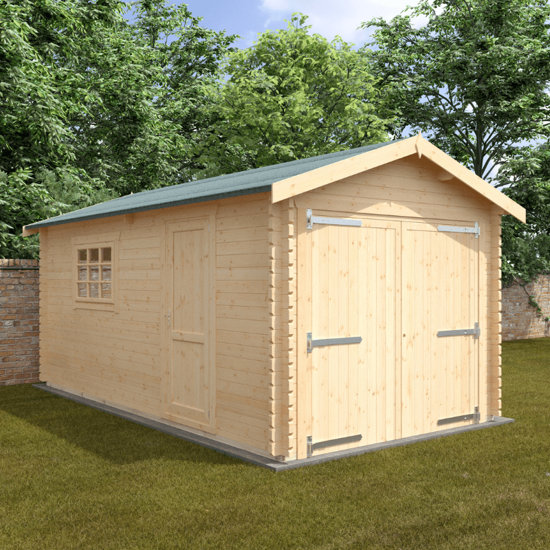 Wooden shed with a green roof in a garden setting