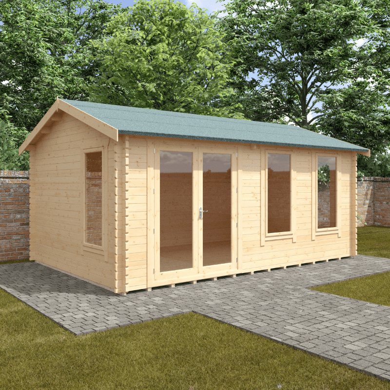 Wooden garden shed with a green roof on a patio area with trees in the background