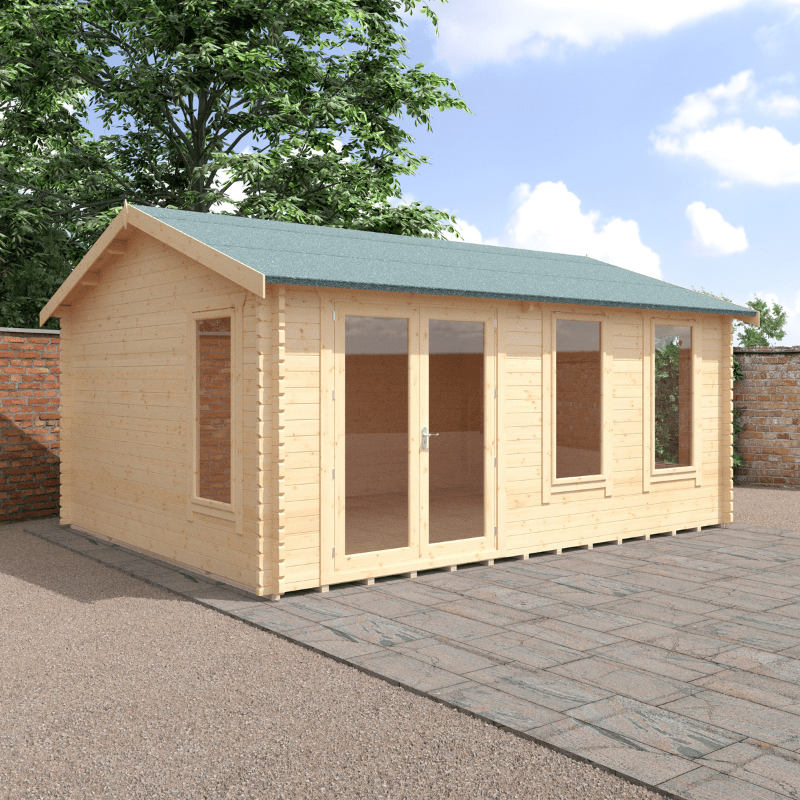 Wooden garden shed with a green roof on a paved area with trees in the background