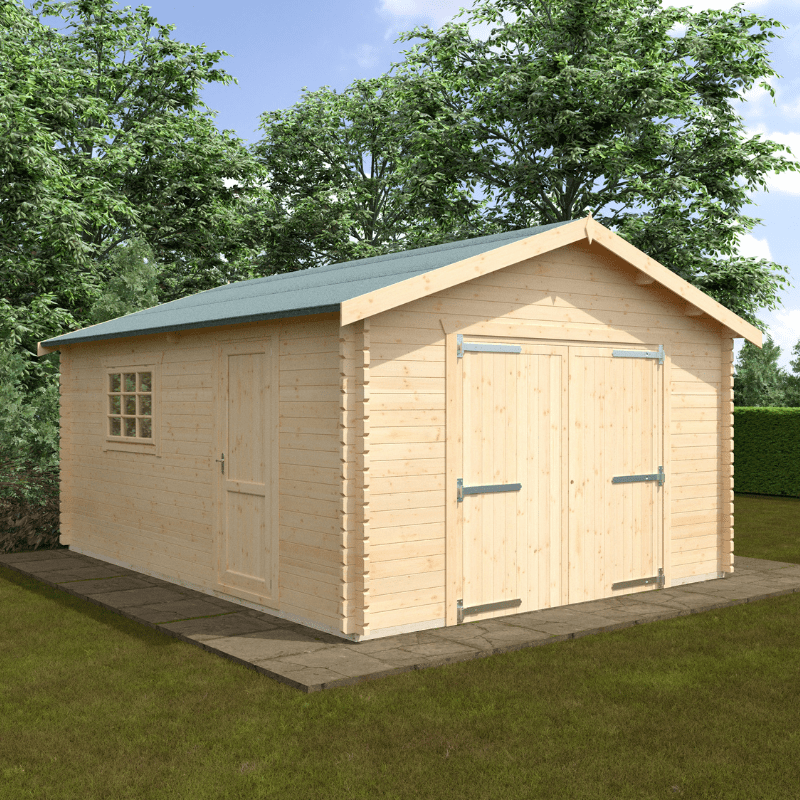 Wooden shed with a green roof in a garden setting