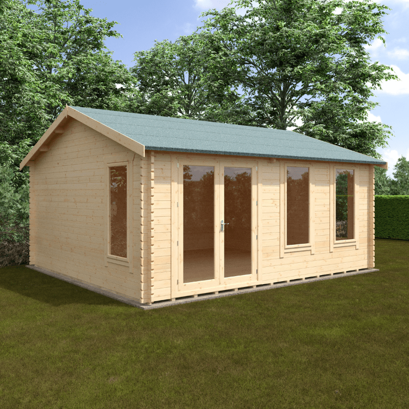 Wooden cabin with a green roof on grass, surrounded by trees