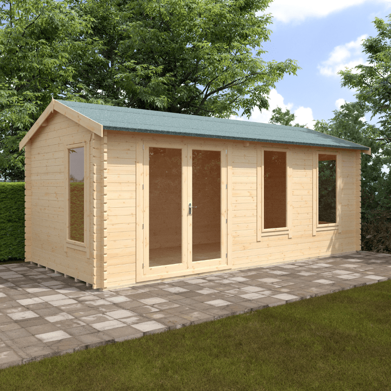 Wooden garden shed with a green roof in a garden setting