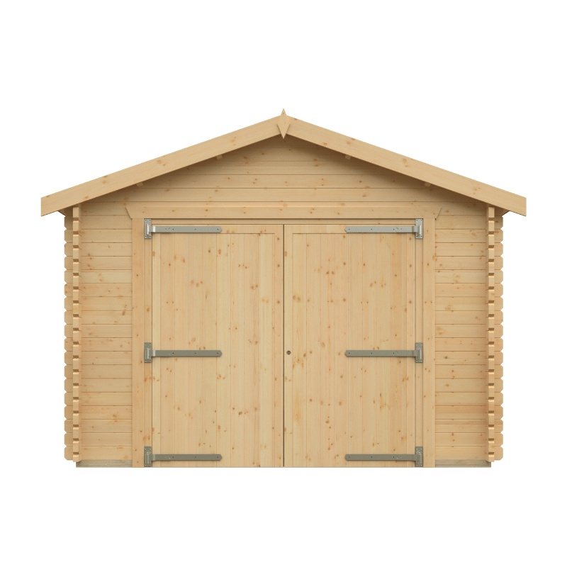 Wooden shed with double doors on a white background