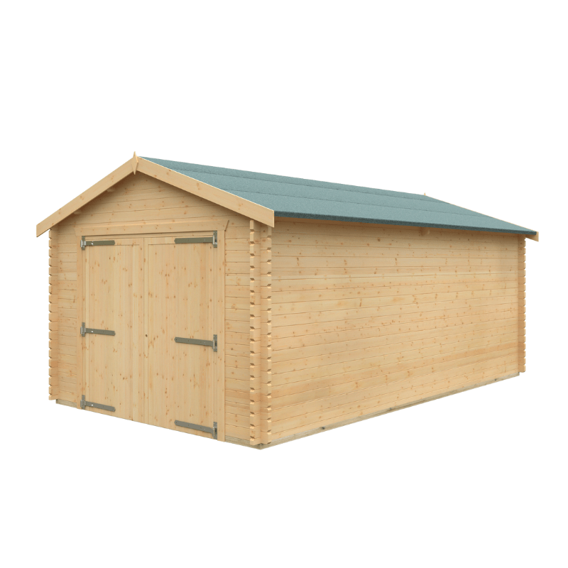 Wooden shed with a green roof on a white background