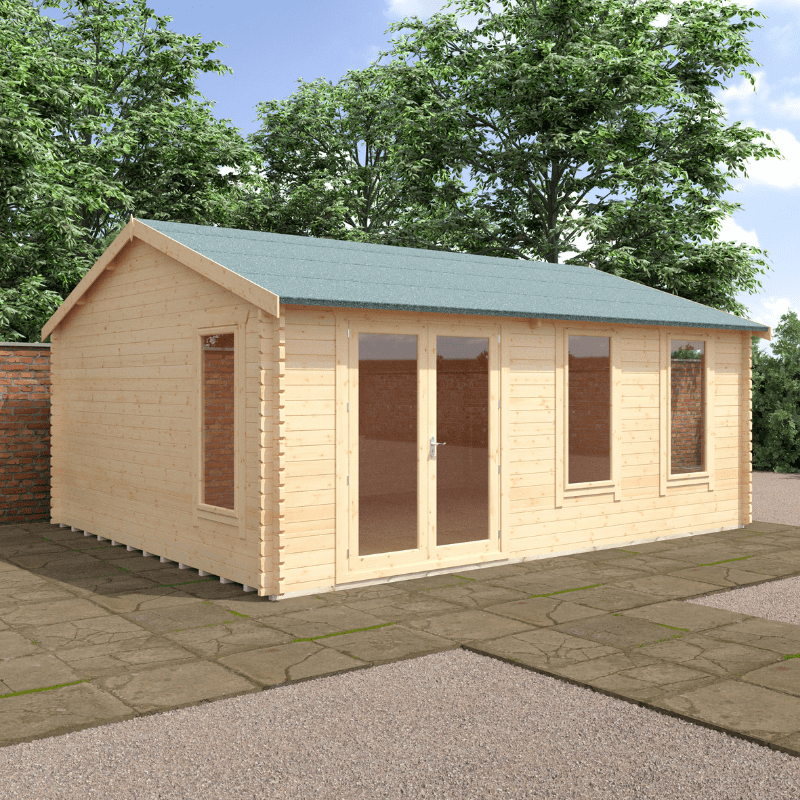 Wooden garden shed with a green roof in a garden setting