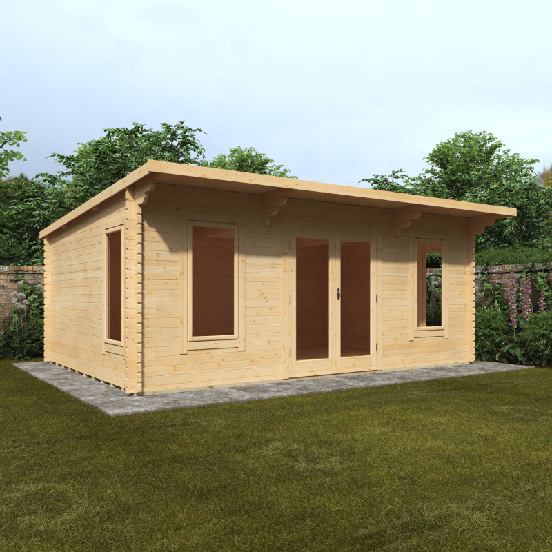 Wooden garden shed on a grassy area with trees in the background