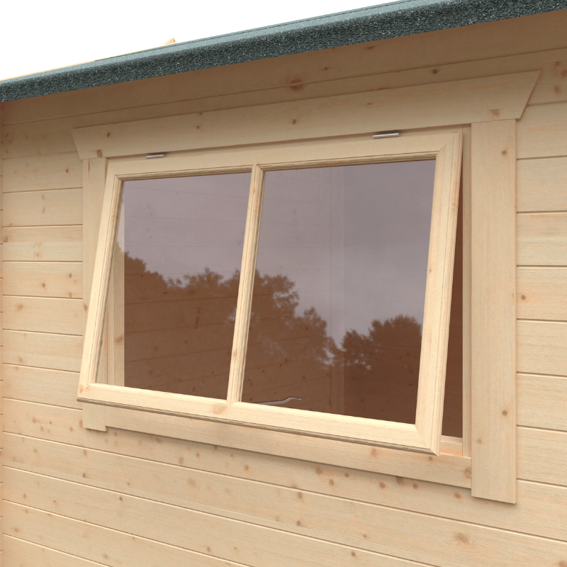 Wooden cabin with a large window reflecting trees