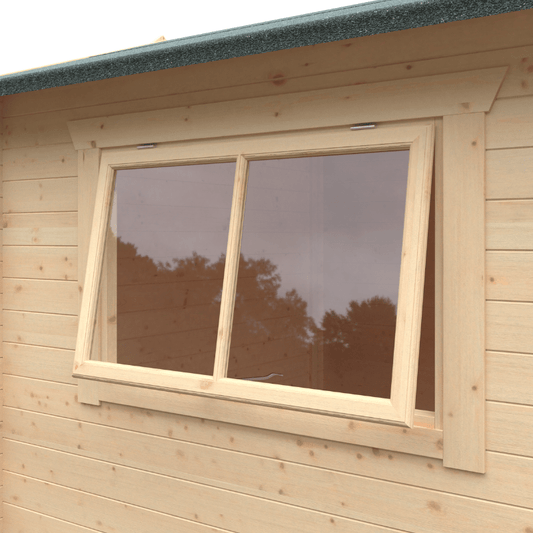 Wooden cabin with a large window reflecting trees