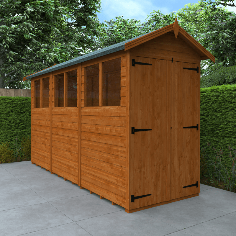 Wooden shed with a slanted roof in a garden setting