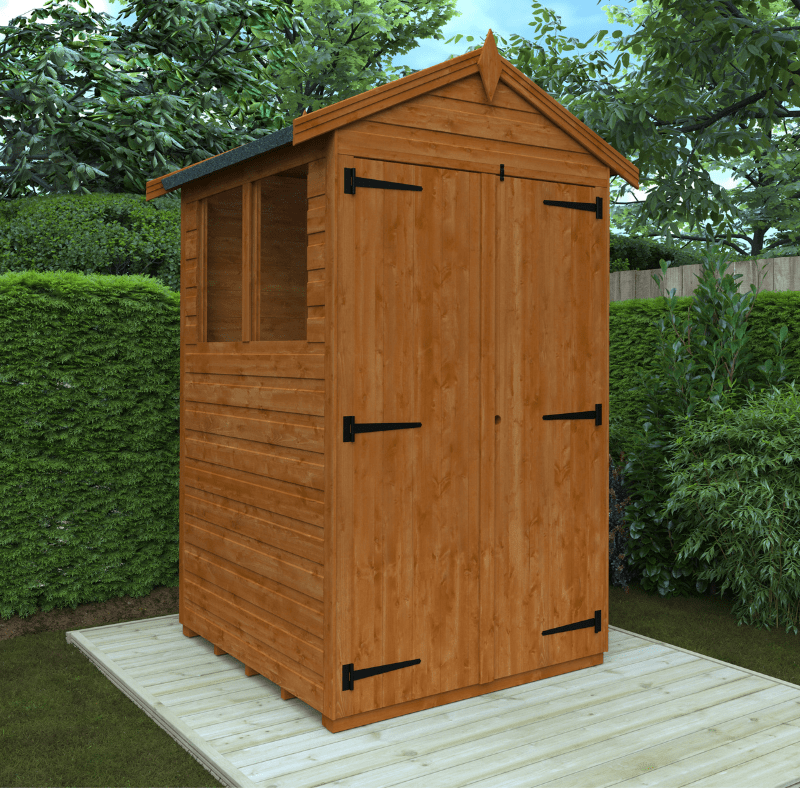 Wooden shed with a gabled roof in a garden setting