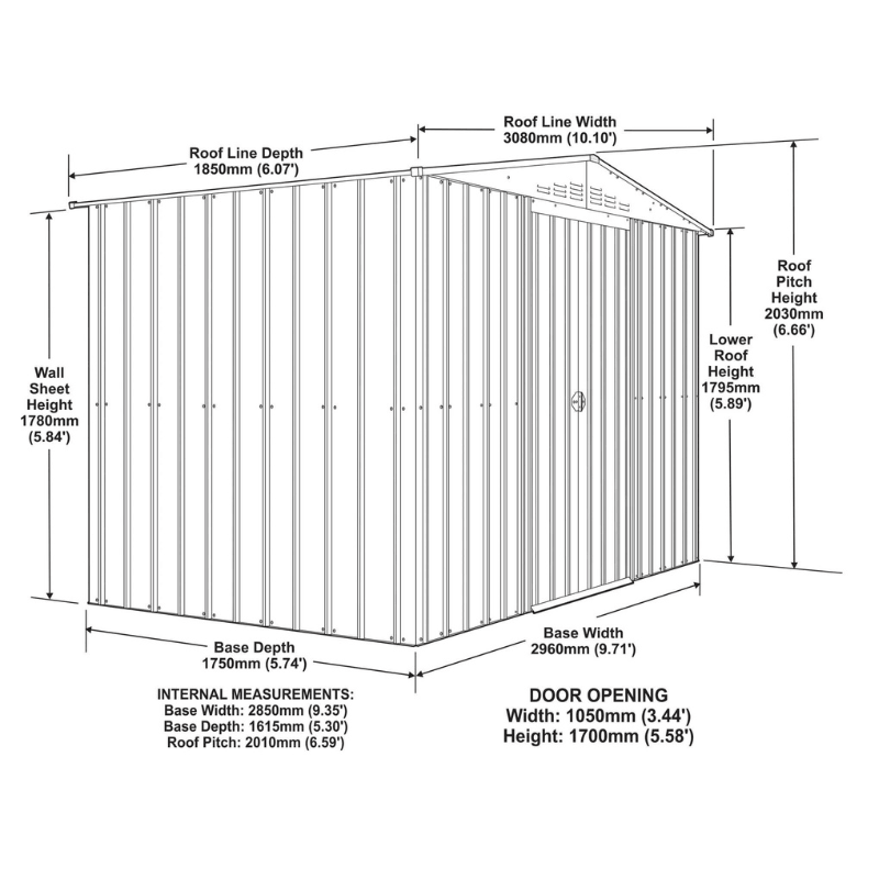 Globel Apex Metal Shed 10x6ft– Galvanised Steel Garden Storage with Double Doors
