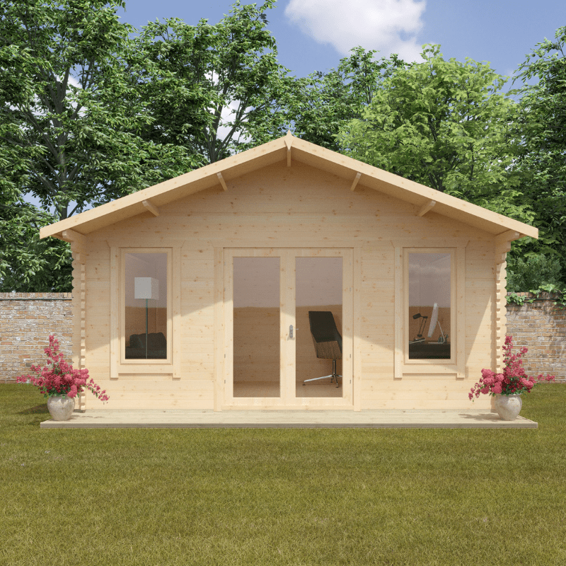 Wooden cabin in a garden setting with flowers and a clear sky