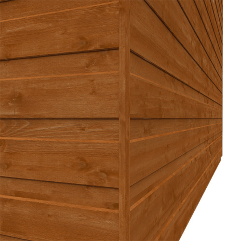 Close-up of a wooden shed with horizontal slats on a white background