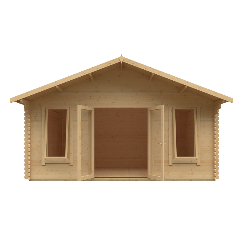 Wooden cabin with open doors on a white background