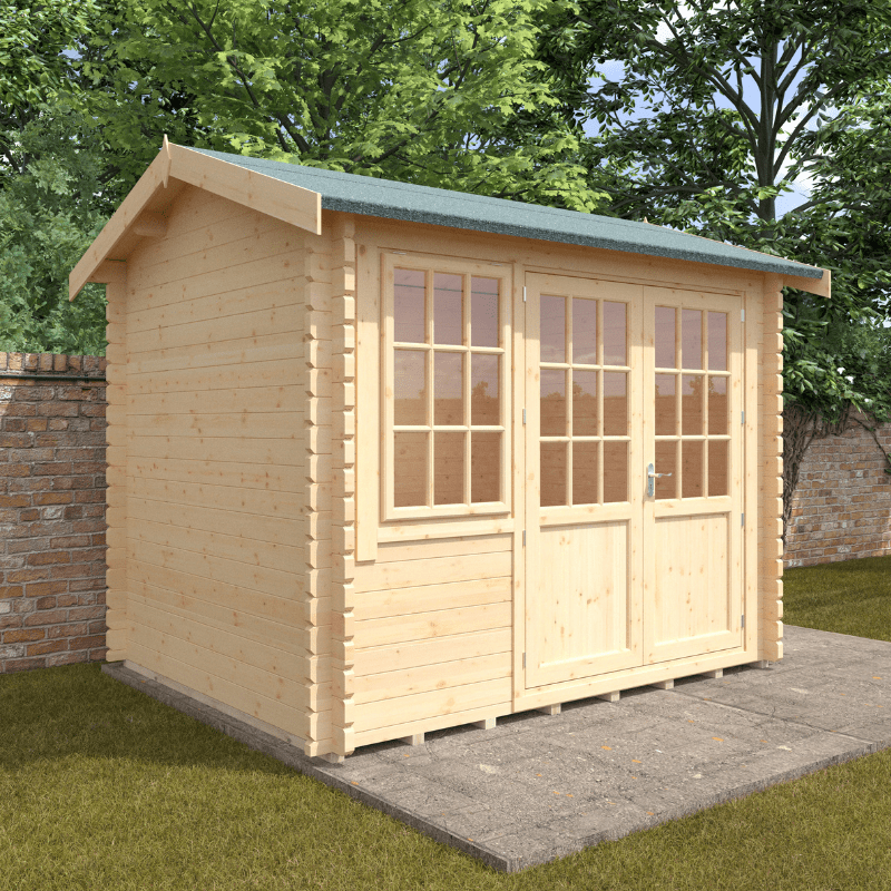 Wooden shed with a green roof in a garden setting