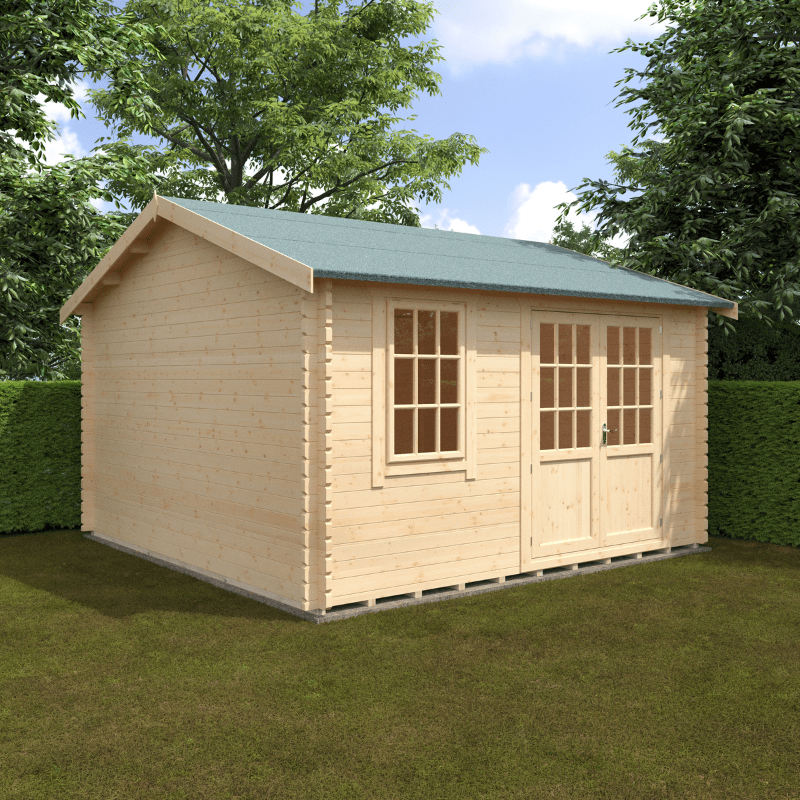 Wooden shed with a green roof in a garden setting