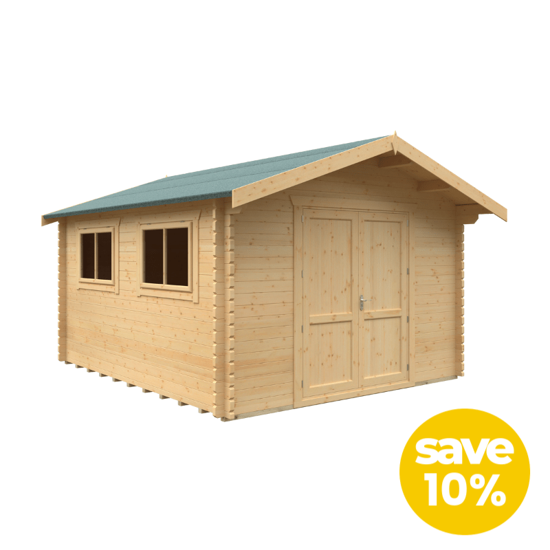 Wooden shed with a green roof on a white background, featuring a 'save 10%' label.