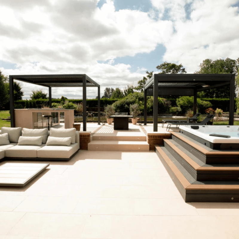 Maranza Manual Deluxe Louvered Pergola 3.5m x 3.6m with 4 Retractable Privacy Screens – Matte Grey Outdoor Shelter