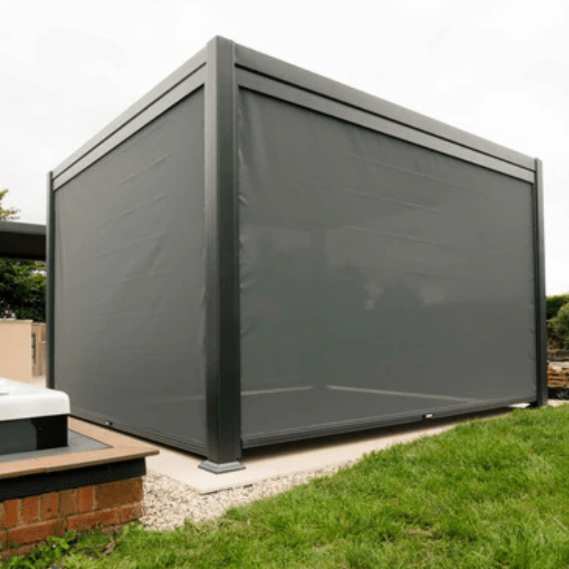 Maranza Manual Deluxe Louvered Pergola 3.5m x 3.6m with 4 Retractable Privacy Screens – Matte Grey Outdoor Shelter