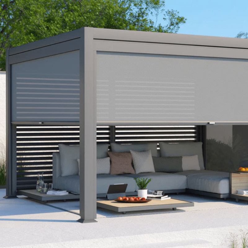 Maranza Manual Deluxe Louvered Pergola 3.5m x 3.6m with 4 Retractable Privacy Screens – Matte Grey Outdoor Shelter