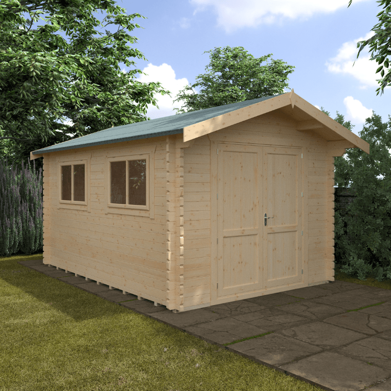 Wooden shed with a green roof in a garden setting