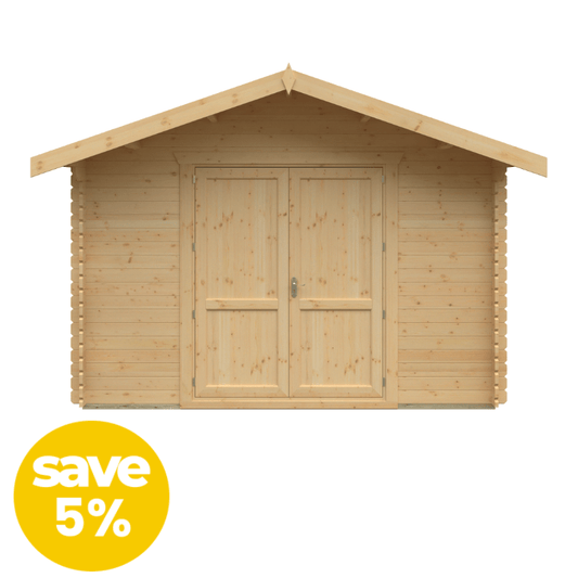 Wooden shed with a door on a white background and a yellow 'save 5%' label.