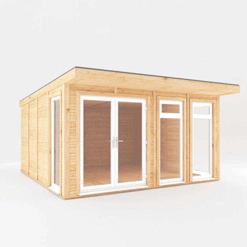 Wooden cabin with glass doors and windows on a white background