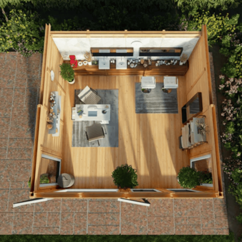 Top-down view of a small wooden house with a kitchen and living area.