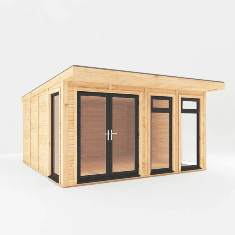 Wooden cabin with glass doors and windows on a white background