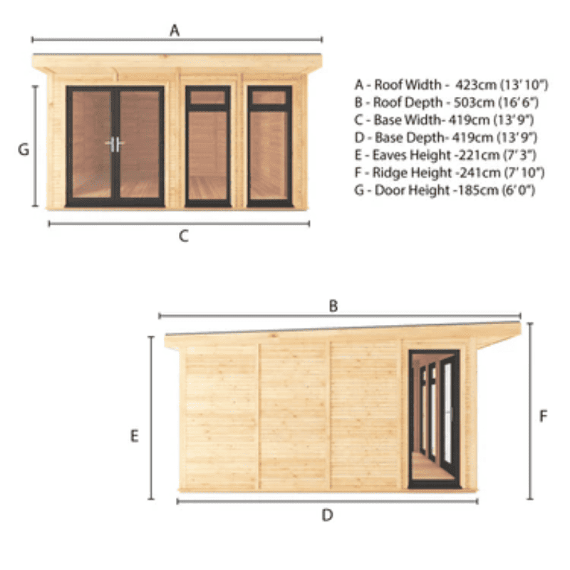Measurement chart of a wooden shed with dimensions labeled