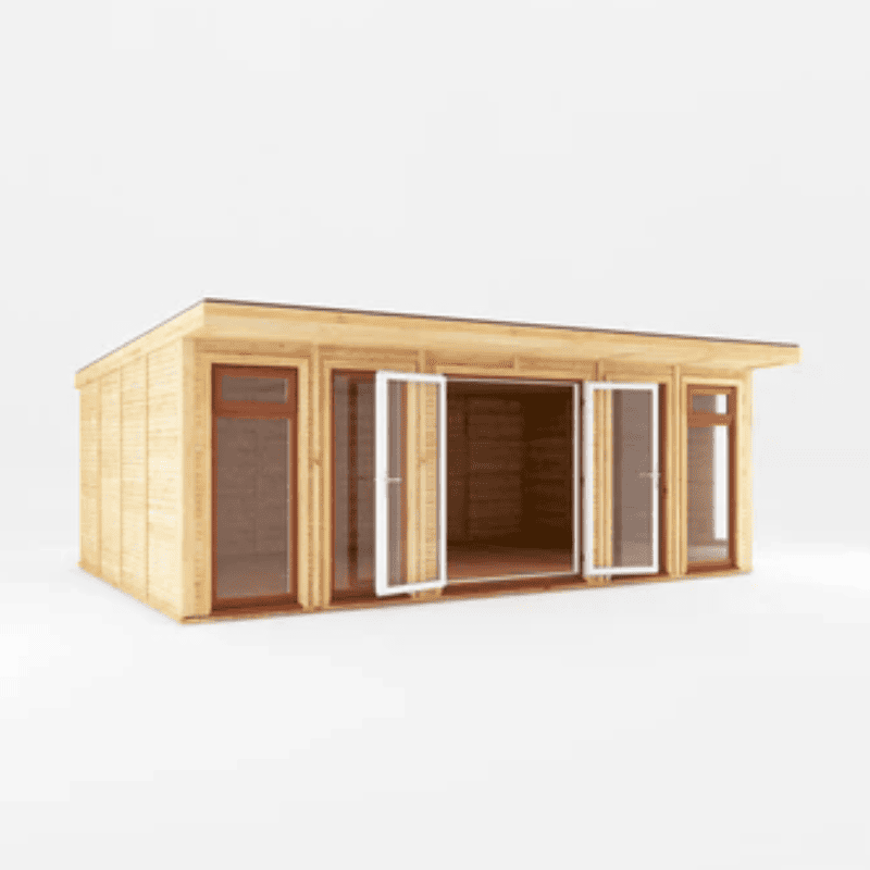 Wooden cabin with glass doors and windows on a white background