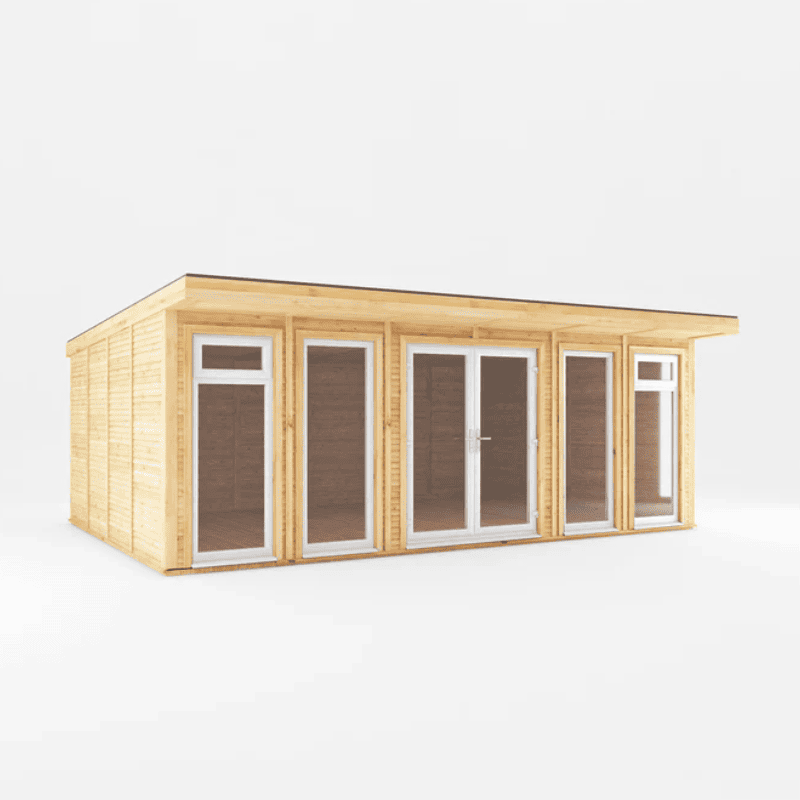 Wooden cabin with glass doors and windows on a white background