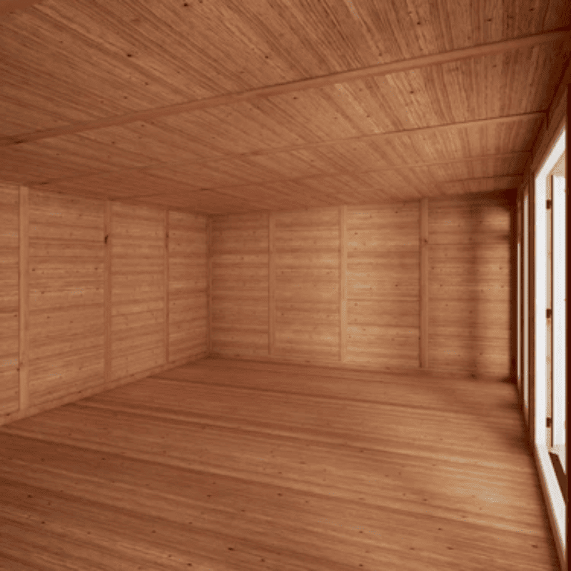 Wooden interior of a room with a ceiling and walls made of wooden planks.