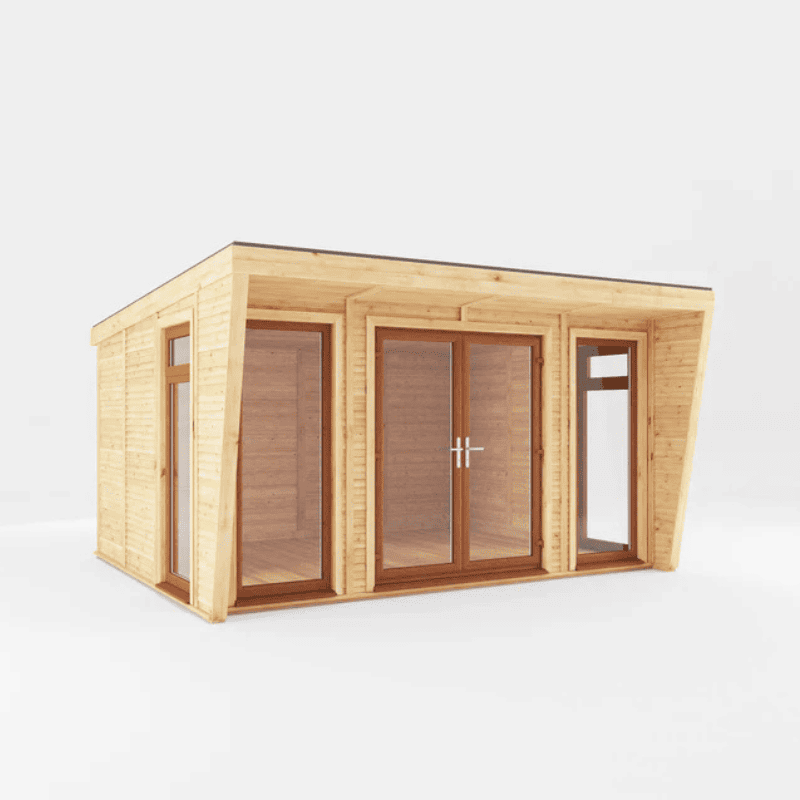 Wooden cabin with glass doors and windows on a white background