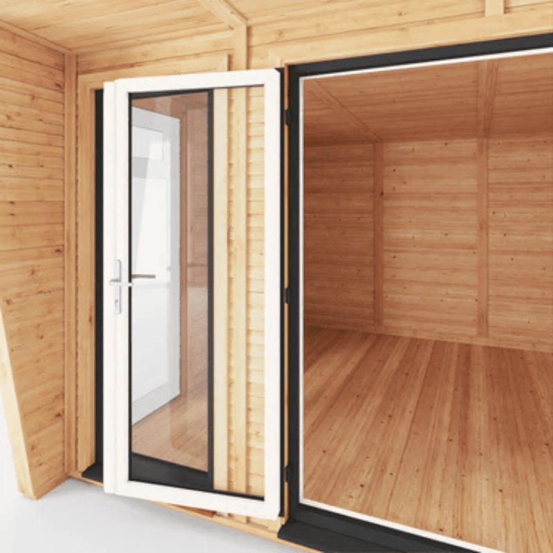 Wooden cabin with a white-framed glass door and window