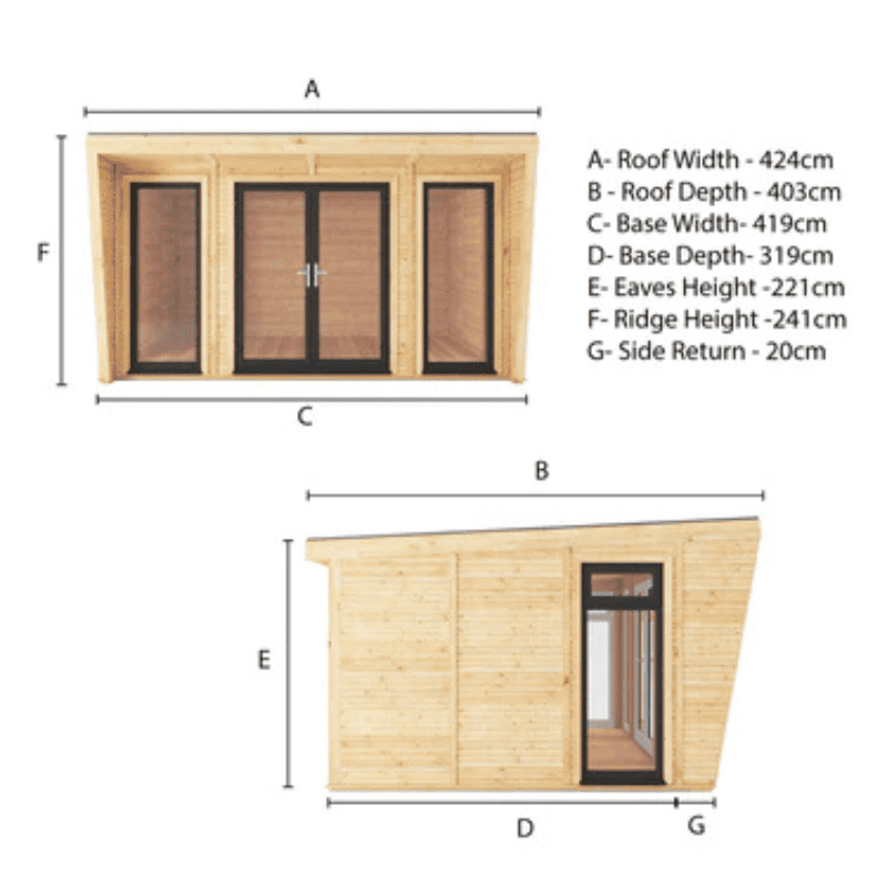 Dimensions of a wooden cabin with labeled measurements on a white background