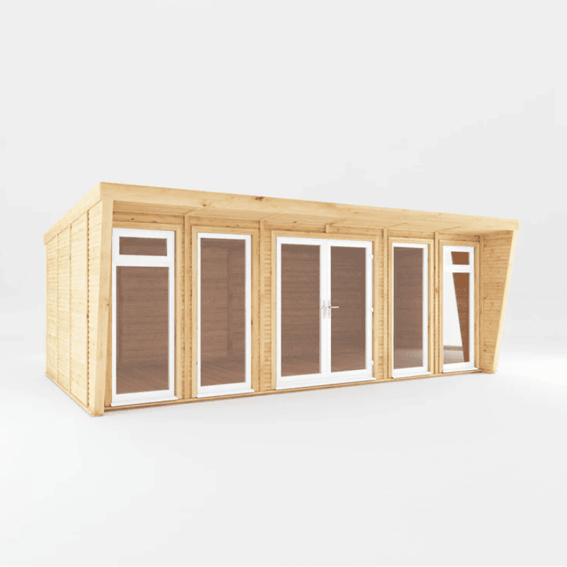 Wooden cabin with glass doors and windows on a white background