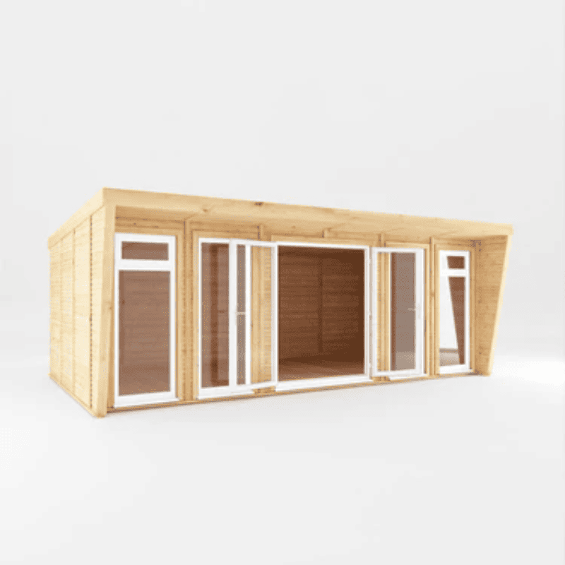 Wooden cabin with large windows on a white background
