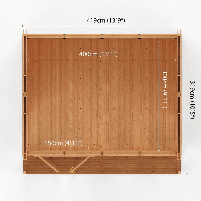 Wooden deck with dimensions labeled on a white background