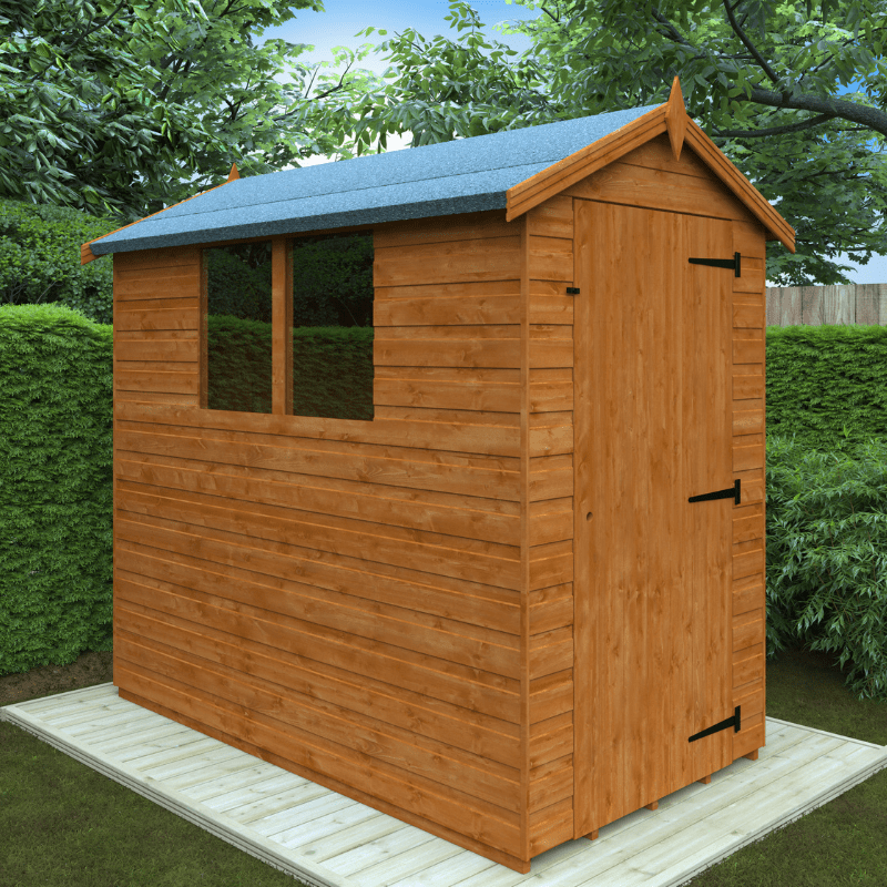 Wooden shed with a slanted roof in a garden setting