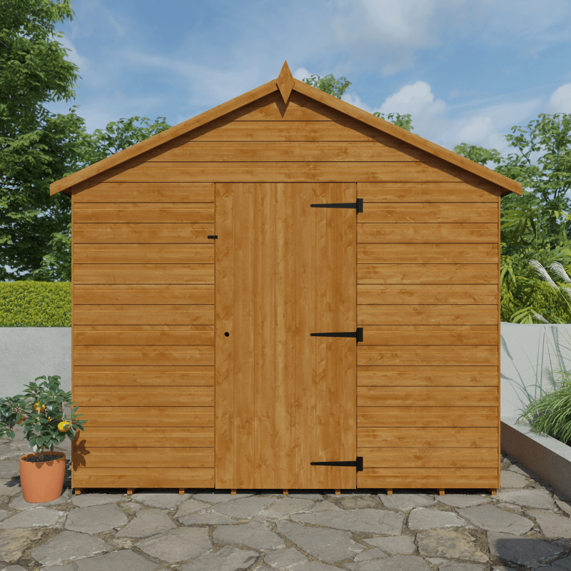 Wooden shed with a triangular roof in a garden setting