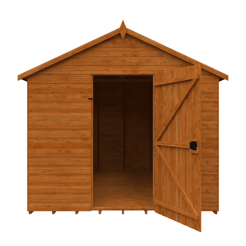Wooden shed with an open door on a white background