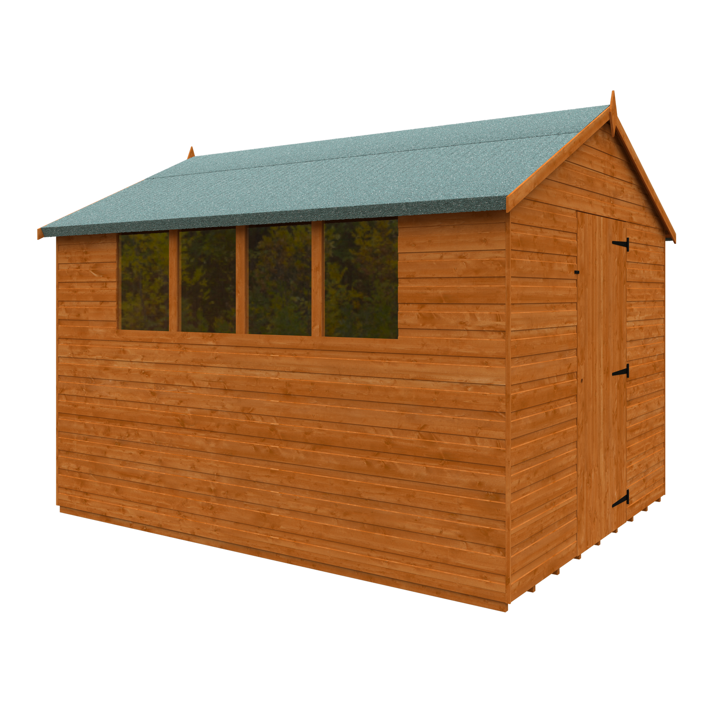 Wooden shed with a green roof on a white background